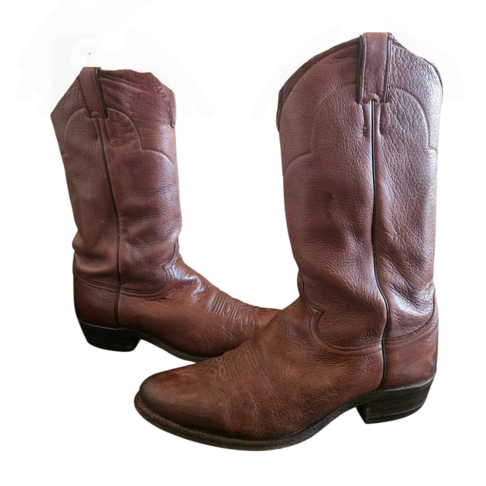Justin Boots Men's Vintage Elk Leather Brown Worn In Cowboy Boots Size 10D